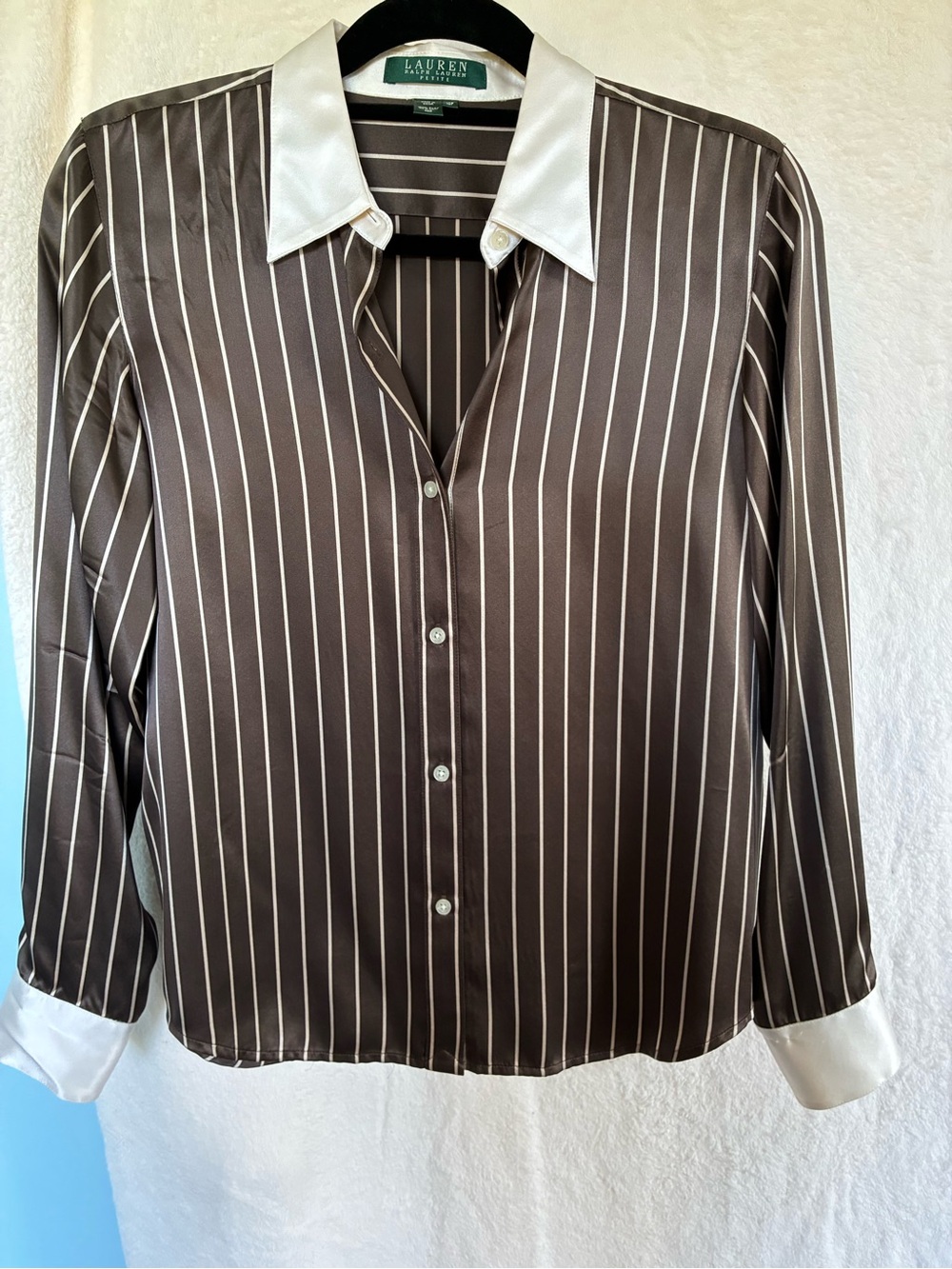 Lauren Ralph Lauren Brown and Cream Satin-Feel Striped Button-Down Shirt